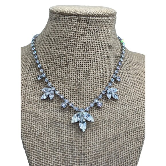 Vintage Rhinestone Necklace With Floral Crystal Accents Adjustable Length 17" - Picture 1 of 5